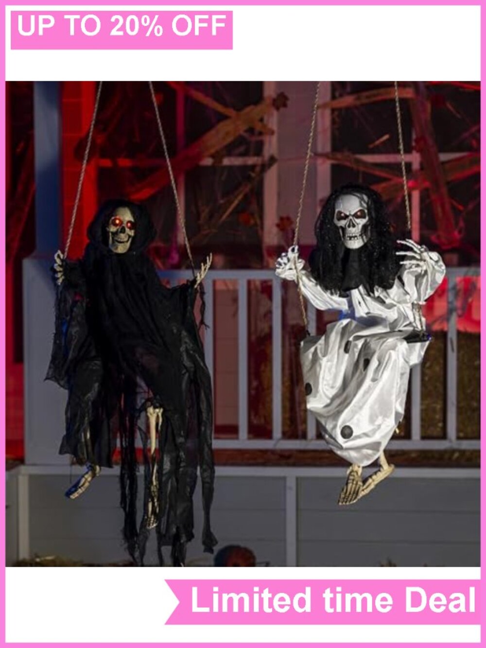 Halloween Hanging Swinging Ghosts Decor 2 Pc Lighted Eyes Outdoor Yard Fabric